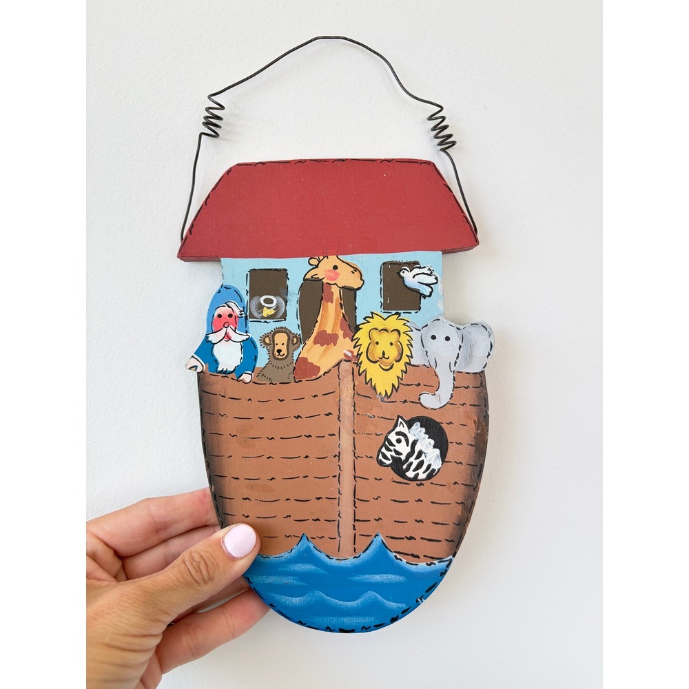 Hand Painted Wooden Noahs Ark Wall Hanging Folk Art Nursery Decor Animal Sign